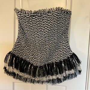 White House Black Market Black and White Strapless Fringe Knit Top